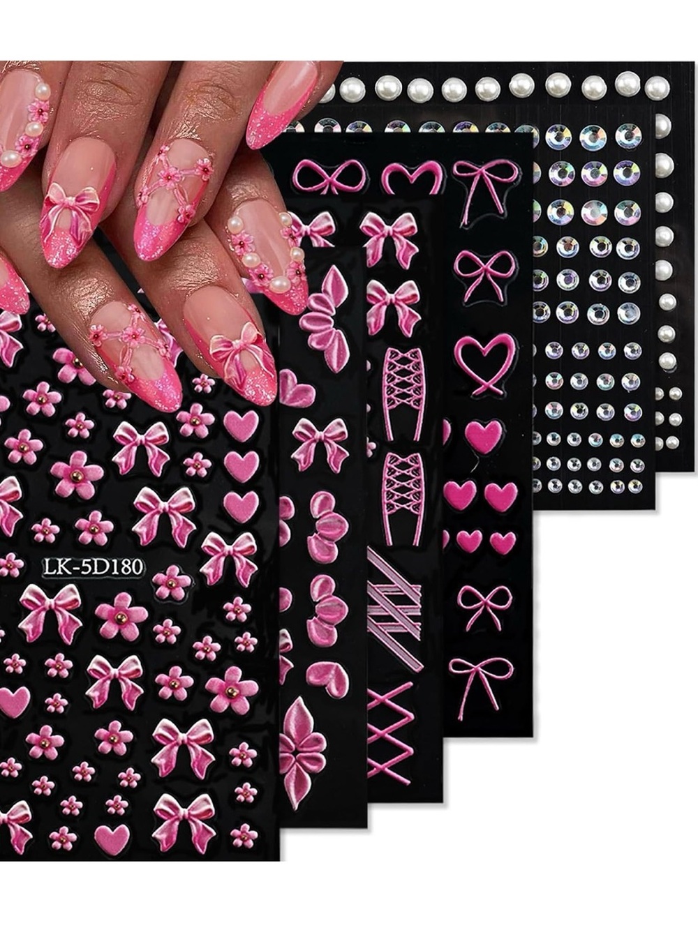 SEMATA Pink Bow & Flower Nail Art Sticker Set – 6 Sheets